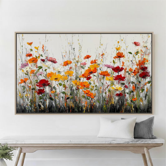 Floral Poppy Meadow Framed Art, Red Orange Yellow Wildflowers Landscape, Colorful Modern Vintage Farmhouse Artwork Canvas Print Wall Decor