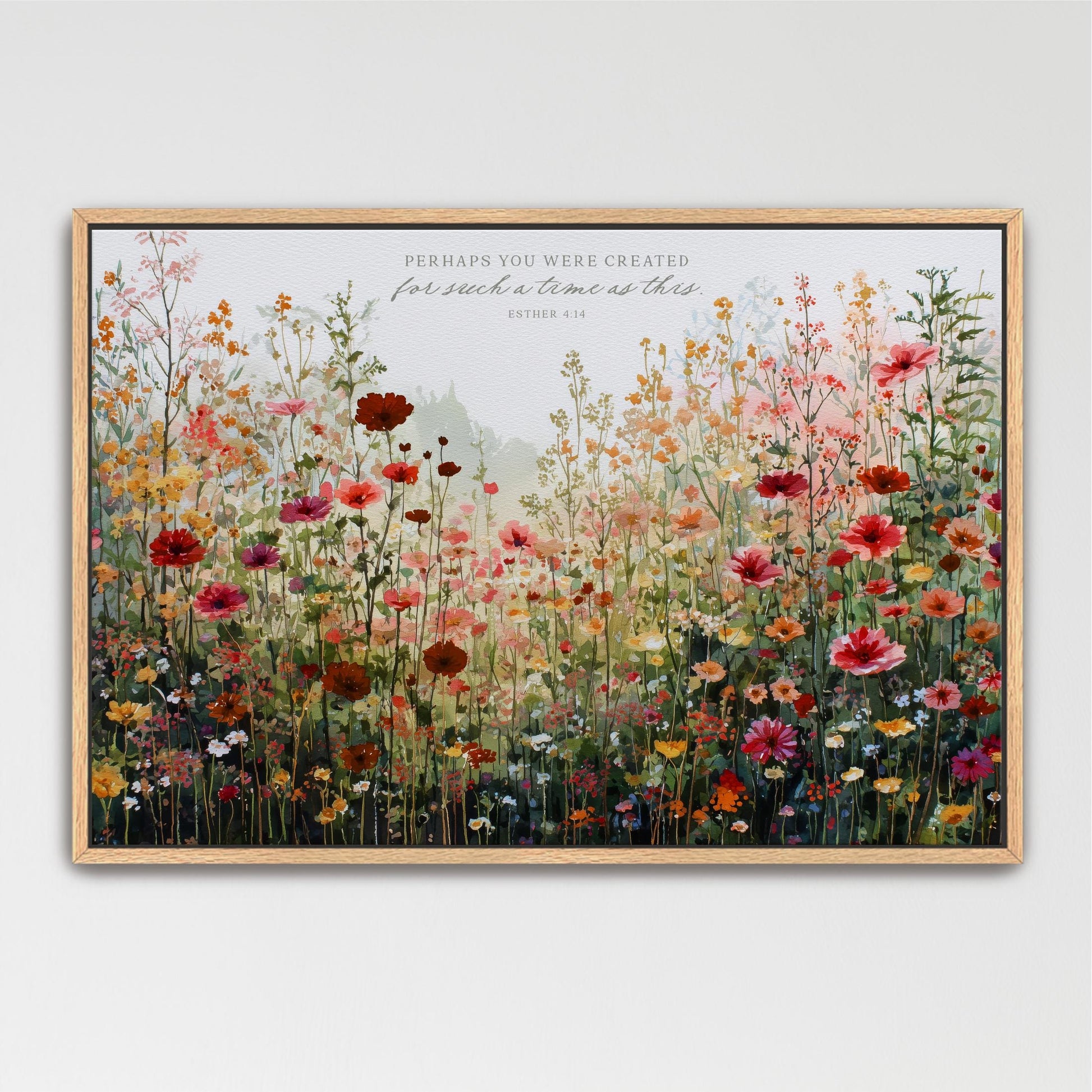 For Such a Time as This Red Floral Wall Art, Meadow, Flowers Landscape Gift Christian Women, Office Artwork Bedroom Framed Canvas Scripture