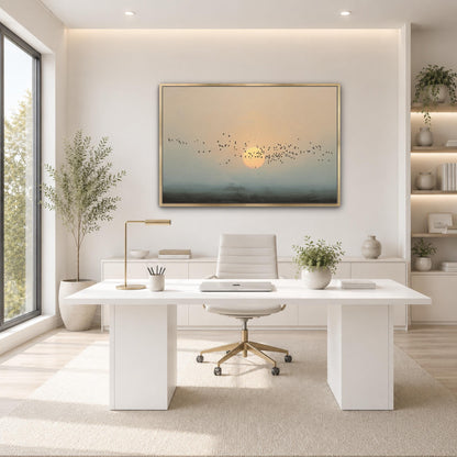 a modern, minimalist office space with a large window, a white desk, a white chair, and a framed landscape painting on the wall.