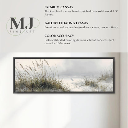 The image is a framed artwork depicting a serene landscape with tall grasses and a bird in the distance. The artwork is a premium canvas hand-stretched over a solid wood frame, and it is a gallery floating frame designed for a clean, modern finish. The color accuracy of the print is exceptional, delivering vibrant, fade-resistant color for 100+ years.