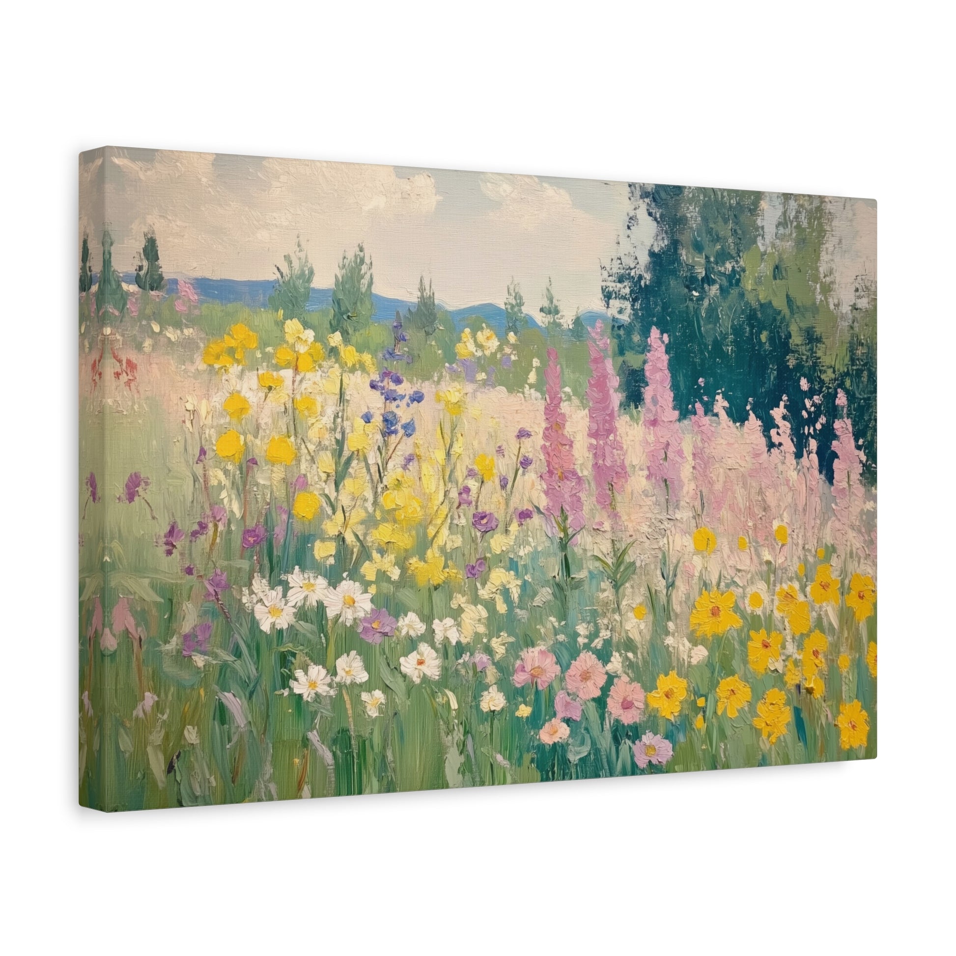 A vibrant and colorful painting depicting a lush field filled with a variety of flowers, including yellow, pink, and purple blooms, set against a backdrop of trees and a cloudy sky.