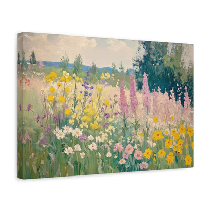 A vibrant and colorful painting depicting a lush field filled with a variety of flowers, including yellow, pink, and purple blooms, set against a backdrop of trees and a cloudy sky.