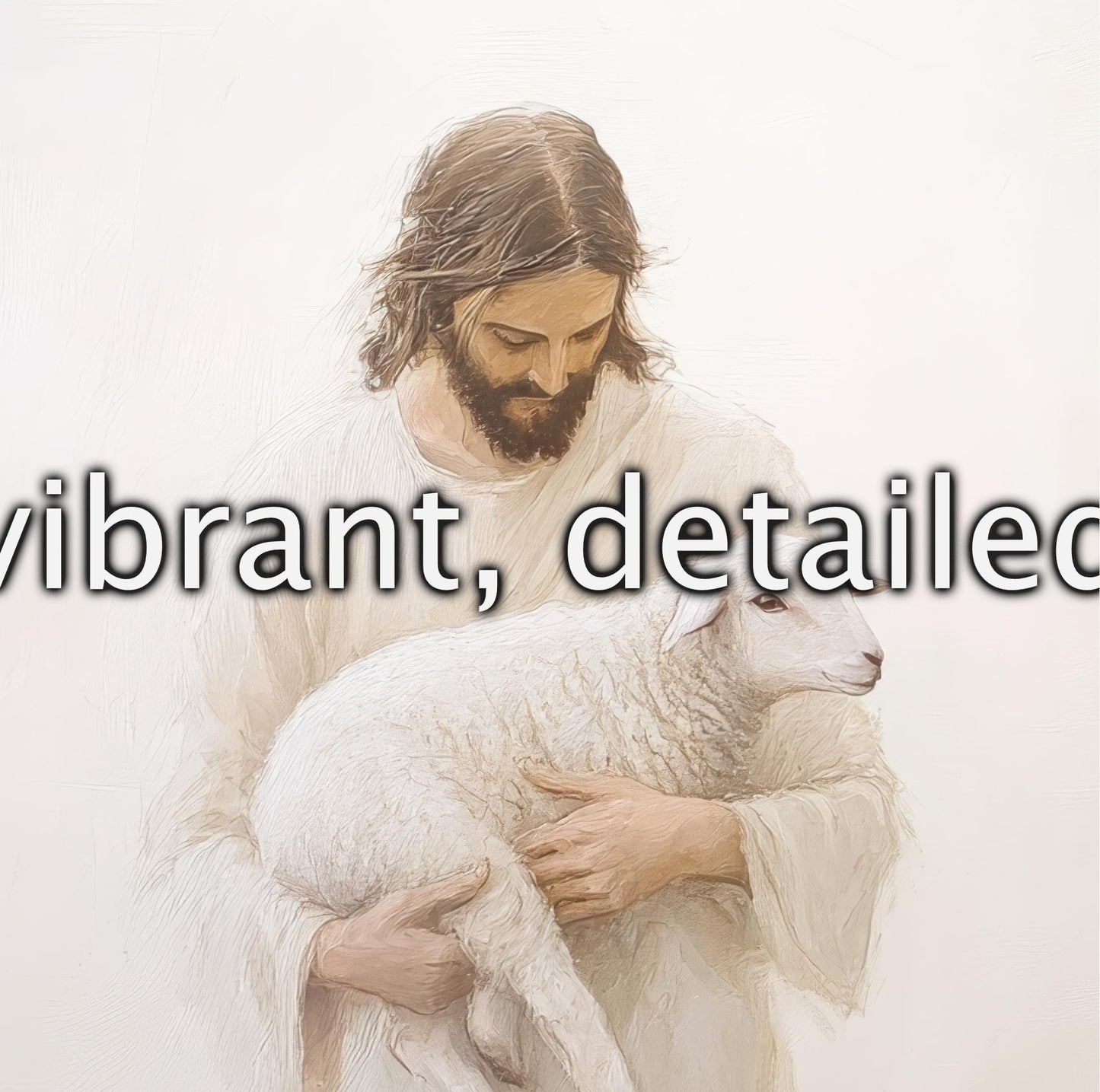 a man in a white robe holding a sheep, with the text "vibrant, detailed" overlaid on the image.