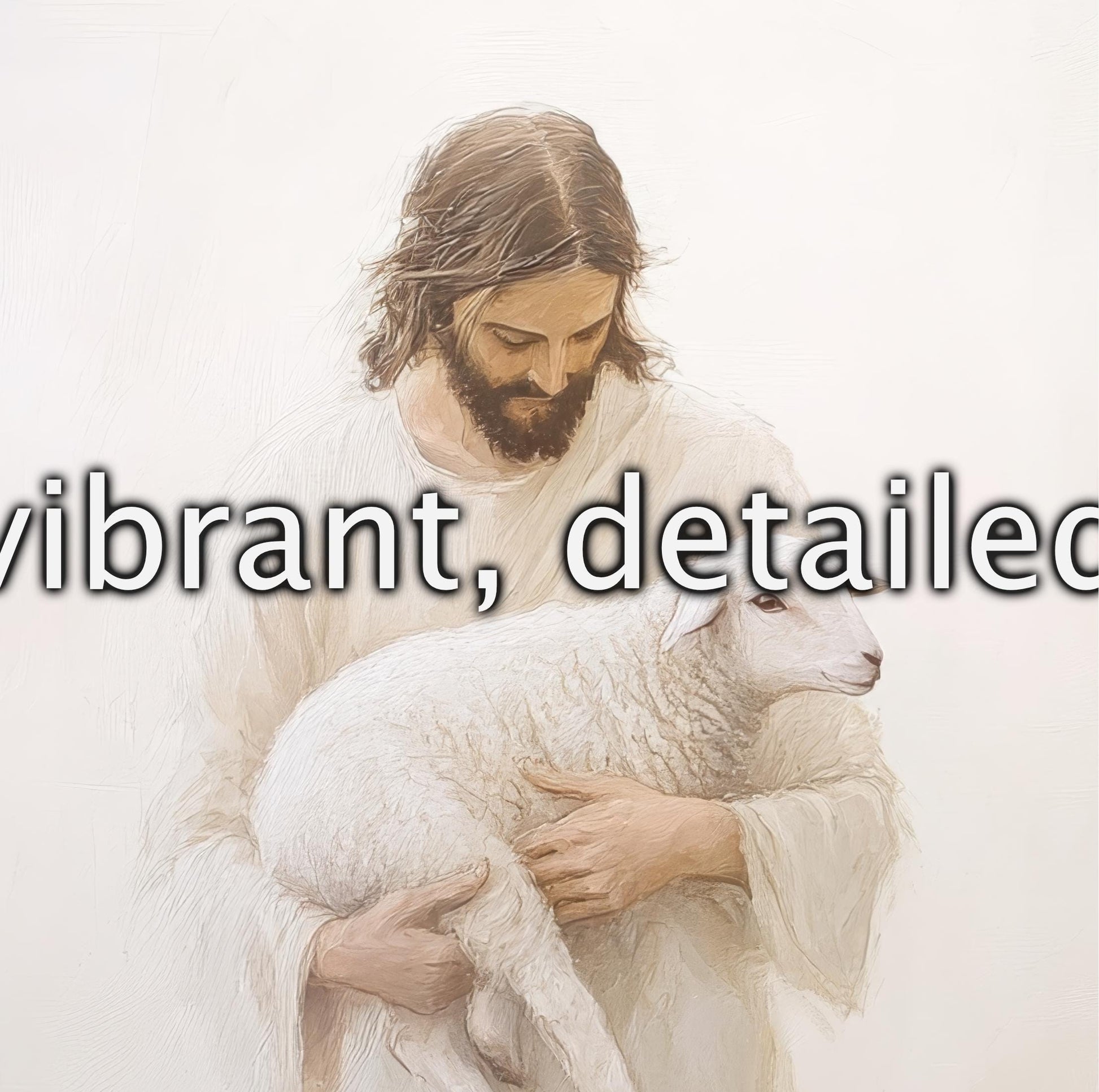 a man in a white robe holding a sheep, with the text "vibrant, detailed" overlaid on the image.