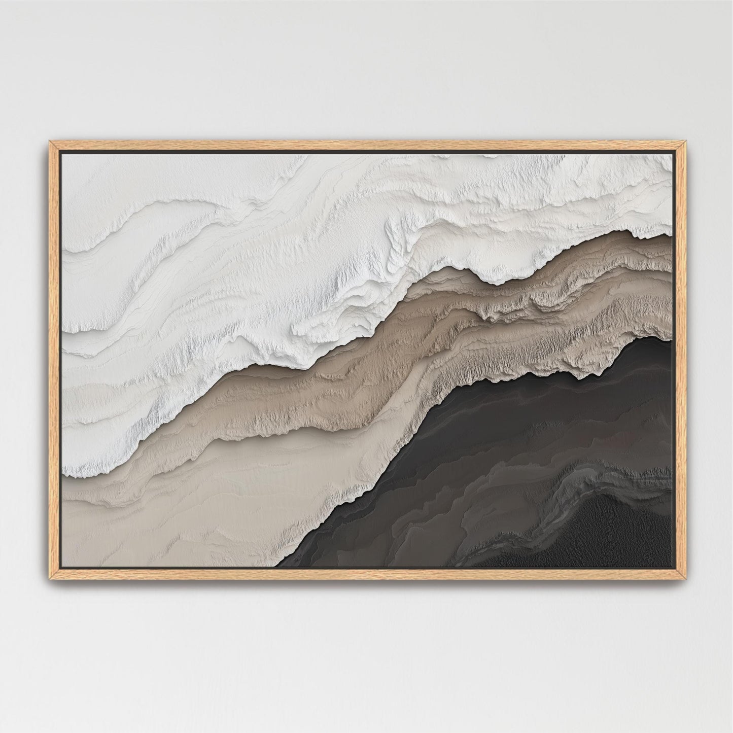 The image is a framed abstract artwork featuring a layered composition of various shades of gray and brown, creating a sense of depth and texture.