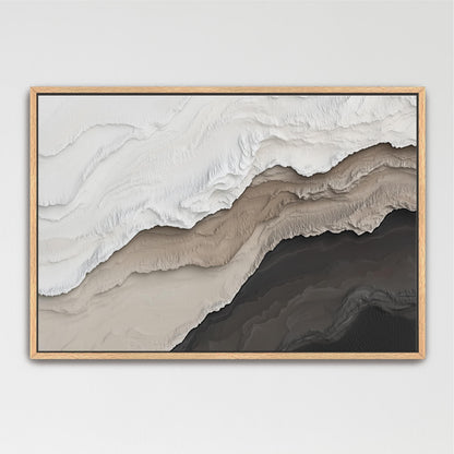 The image is a framed abstract artwork featuring a layered composition of various shades of gray and brown, creating a sense of depth and texture.