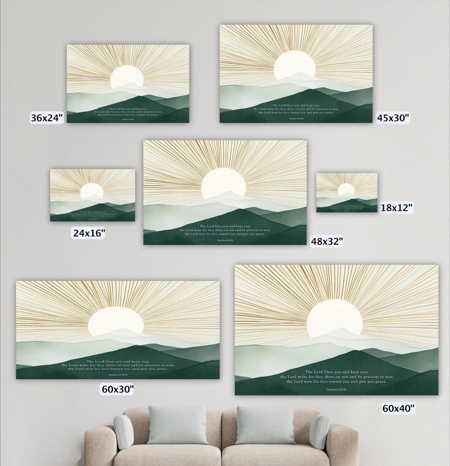 a collection of six landscape paintings or photographs depicting sunsets over mountains, each with a different size and frame. The paintings vary in size, ranging from 36x24" to 60x30", and are displayed on a wall next to a couch. The text accompanying the images provides a description of the artwork, but it is not clear enough to transcribe in detail.