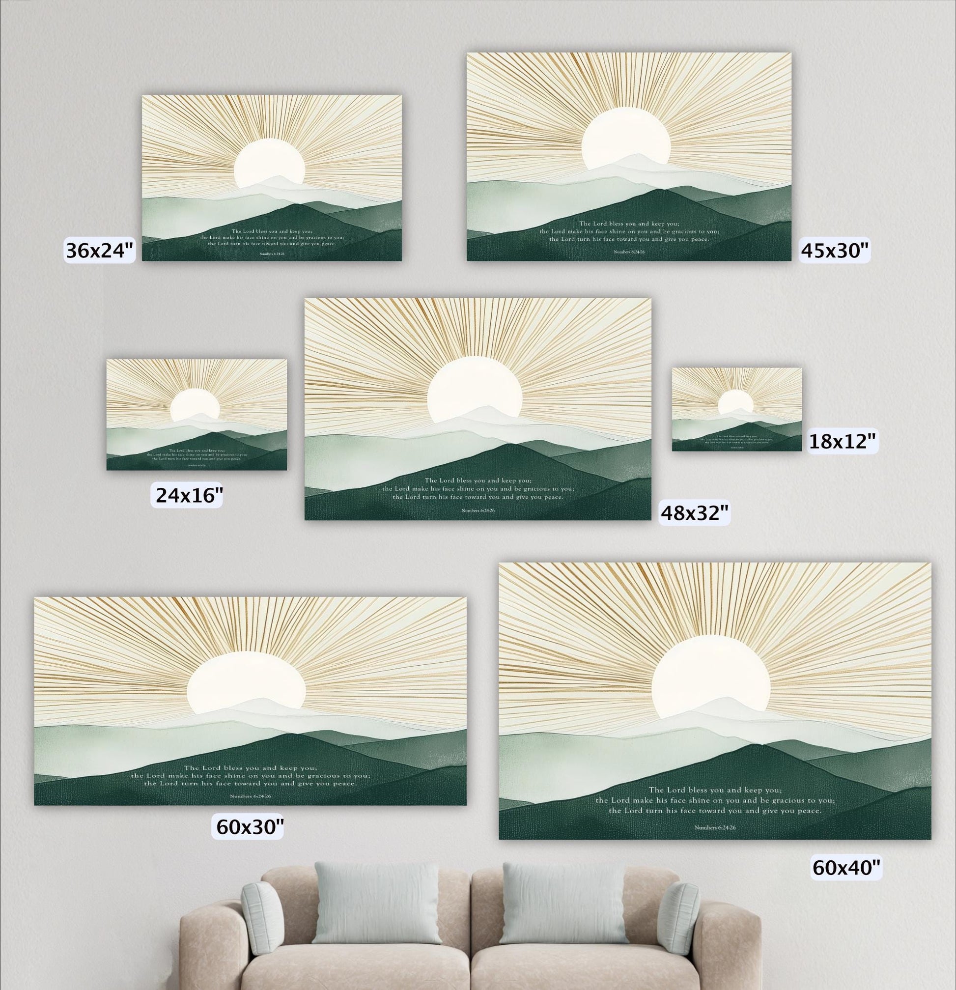 a collection of six landscape paintings or photographs depicting sunsets over mountains, each with a different size and frame. The paintings vary in size, ranging from 36x24" to 60x30", and are displayed on a wall next to a couch. The text accompanying the images provides a description of the artwork, but it is not clear enough to transcribe in detail.