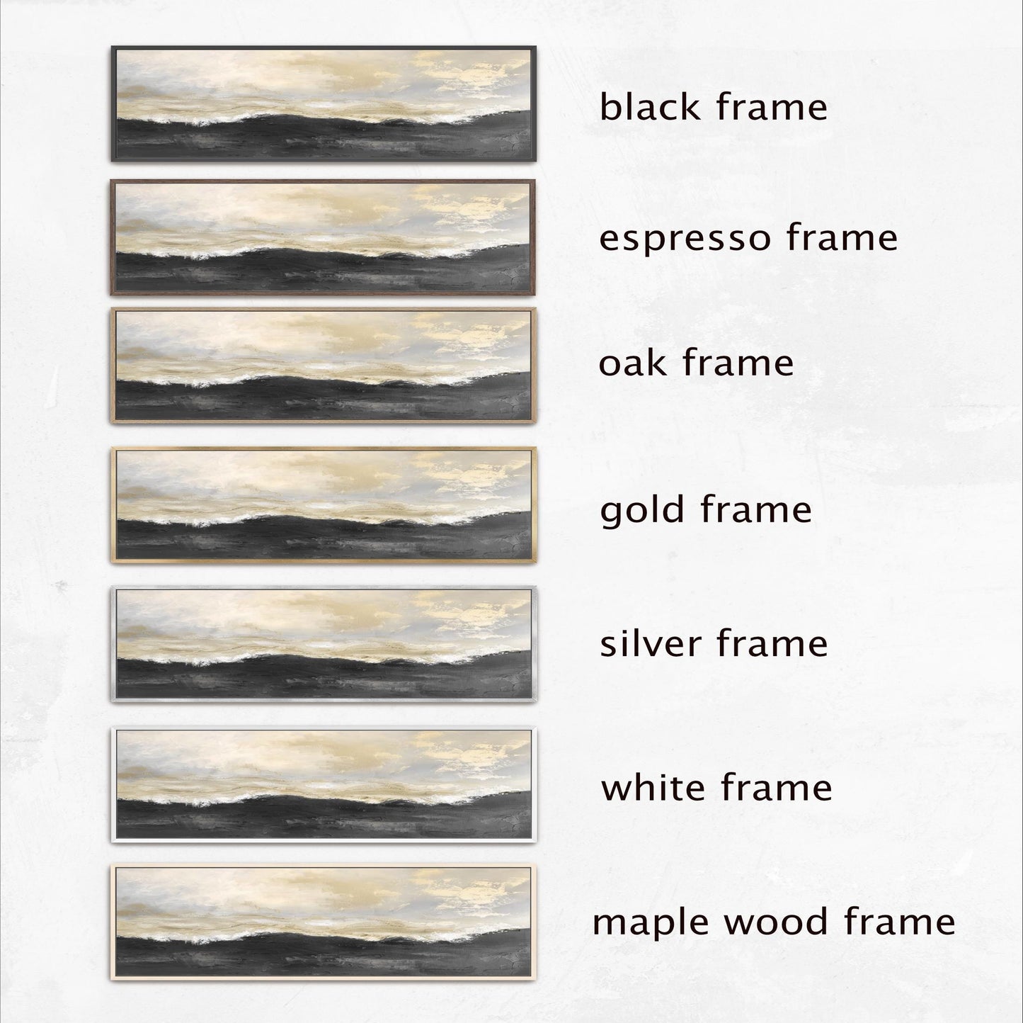 a series of six framed landscape paintings, each with a different frame color and style. The frames are black, espresso, oak, gold, silver, and white, as well as a maple wood frame. The paintings are arranged in a row, showcasing the variety of frame options available for displaying artwork.
