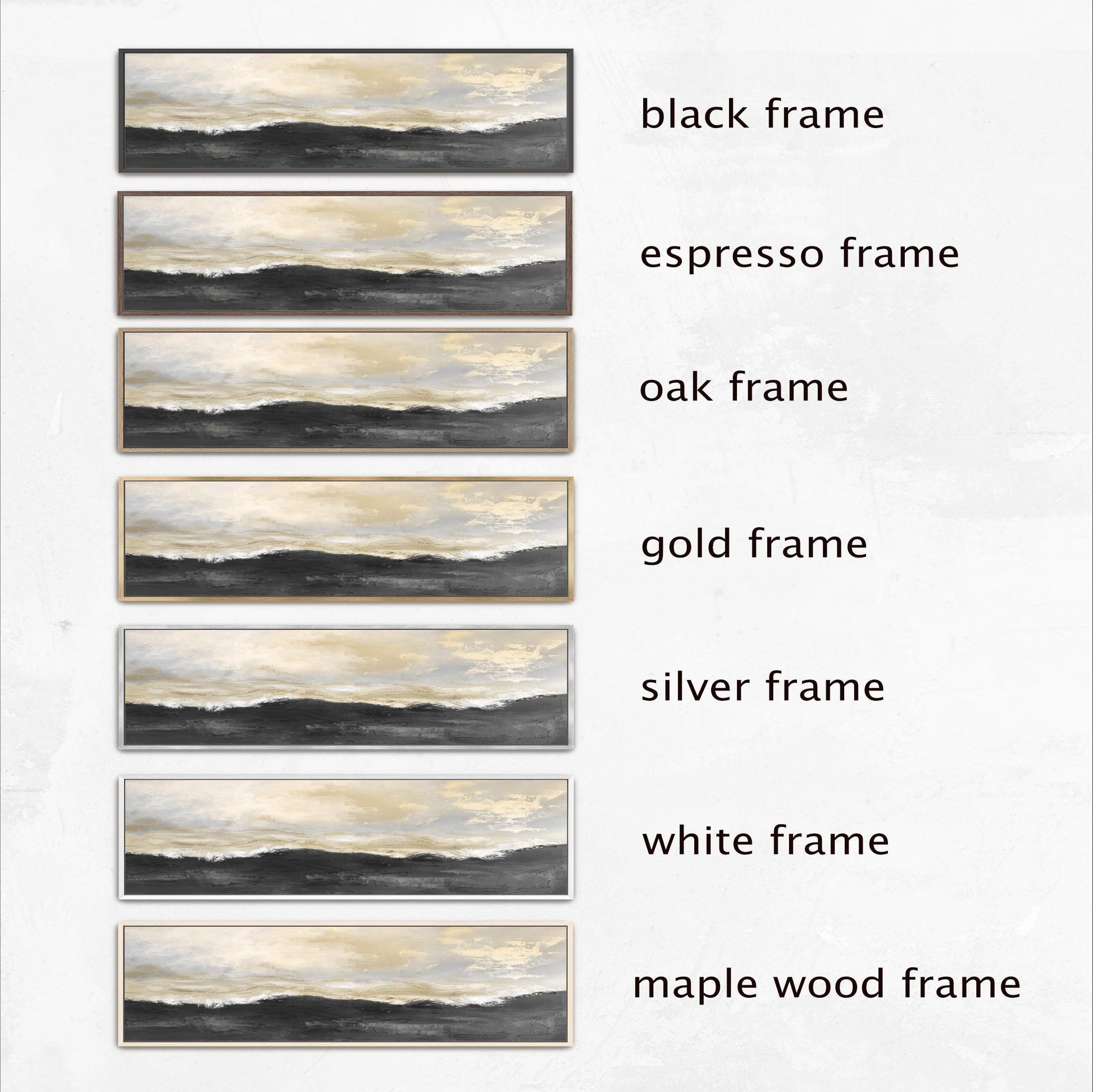 a series of six framed landscape paintings, each with a different frame color and style. The frames are black, espresso, oak, gold, silver, and white, as well as a maple wood frame. The paintings are arranged in a row, showcasing the variety of frame options available for displaying artwork.