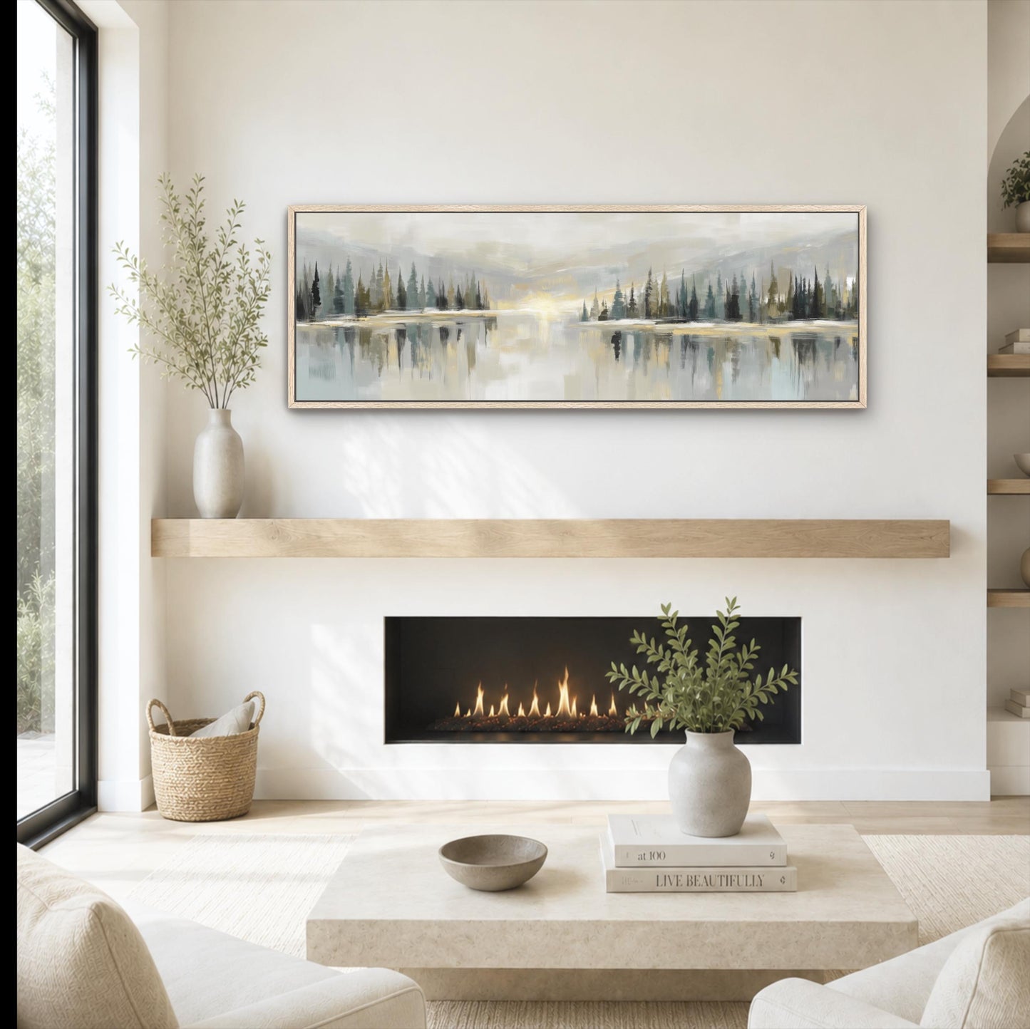 Abstract Lake Sunset Landscape Wall Art, Moss Sage Green Gold Wide Forest Canvas Print, Modern Nature Artwork, Horizontal Neutral Decor