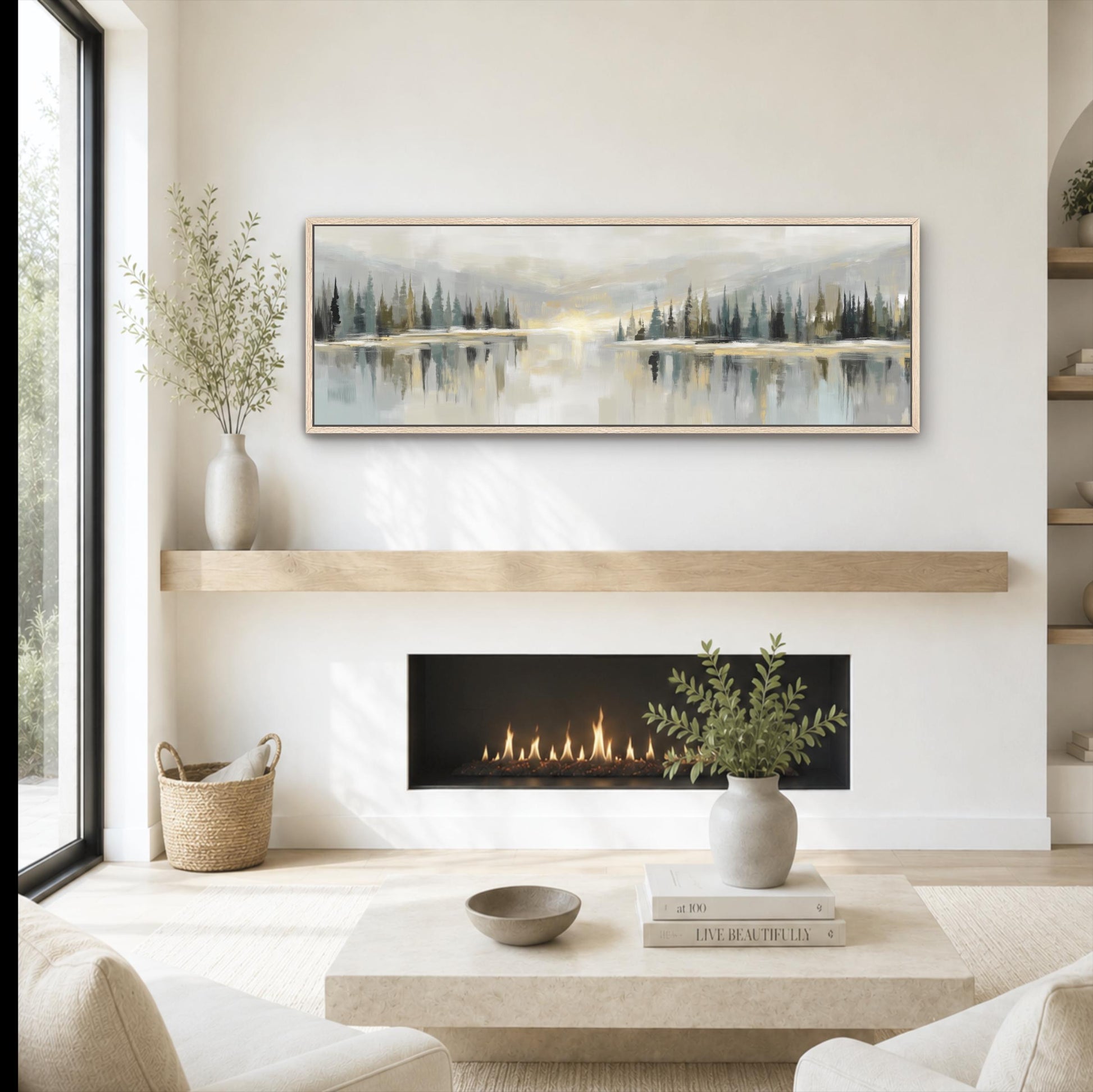 Abstract Lake Sunset Landscape Wall Art, Moss Sage Green Gold Wide Forest Canvas Print, Modern Nature Artwork, Horizontal Neutral Decor