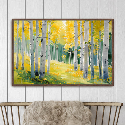 The image is a framed painting depicting a serene forest scene with tall trees and a grassy meadow.