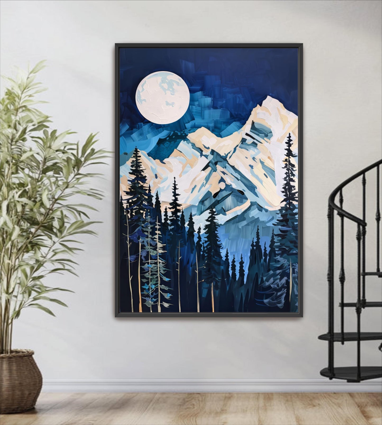 a large framed painting of a mountain landscape with a full moon in the night sky, surrounded by pine trees and mountains.