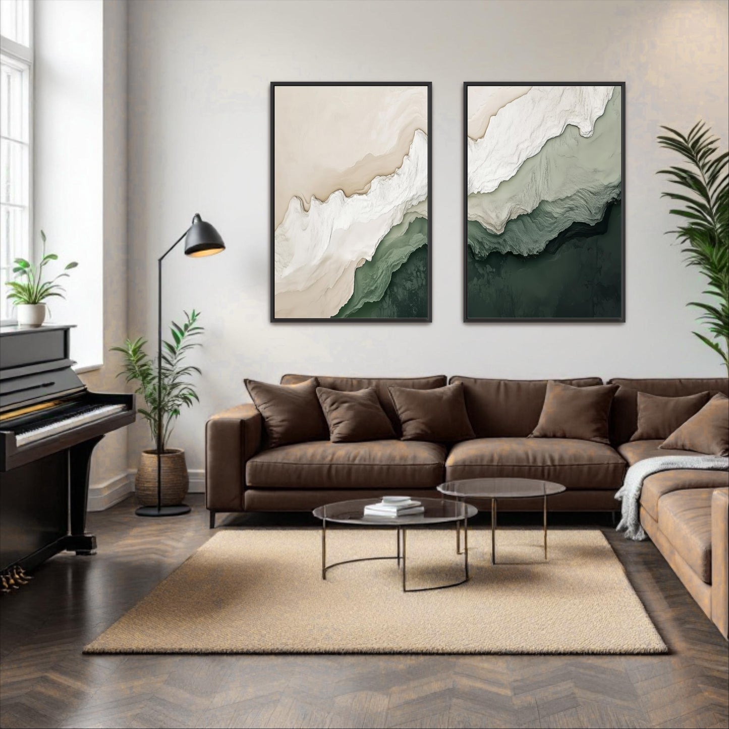 a modern living room with a brown leather sofa, a glass coffee table, and two abstract paintings on the wall.
