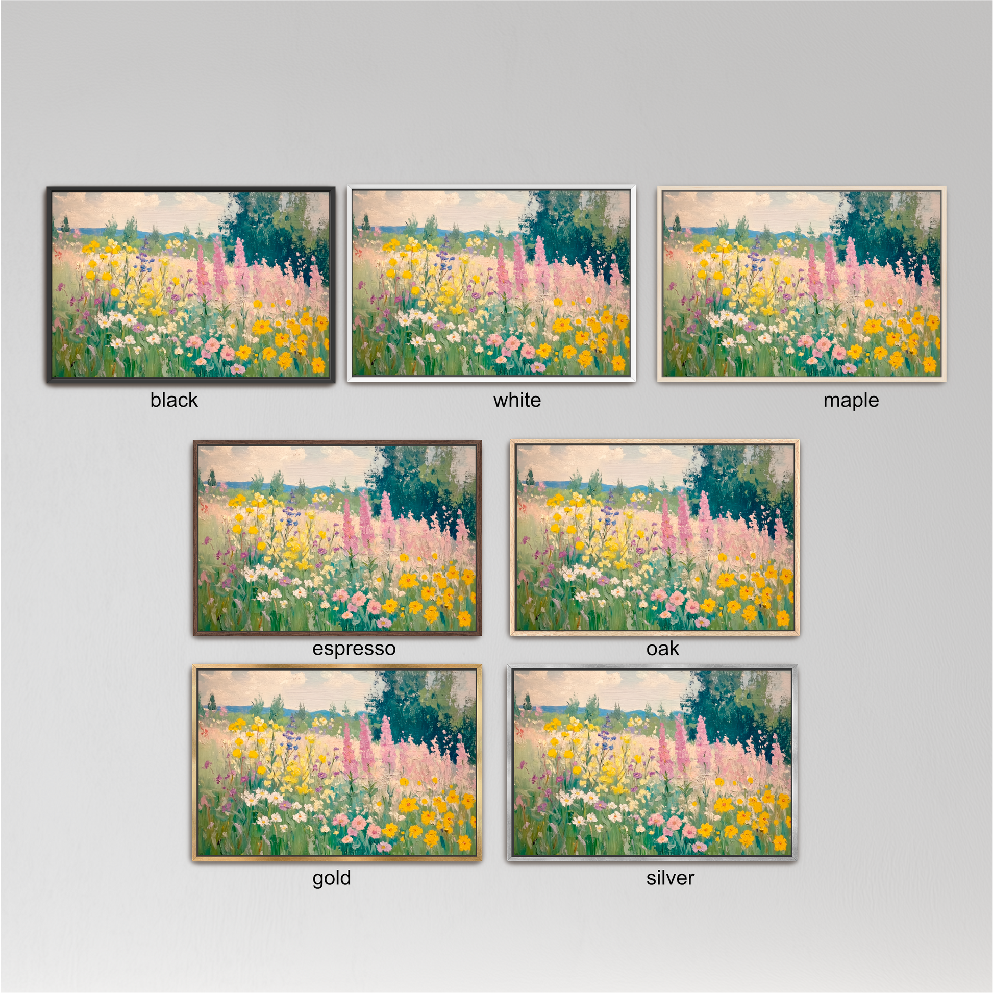six different framed pictures of a field of flowers, each with a different color frame. The frames are labeled with the color of the frame, such as black, white, maple, espresso, oak, gold, and silver.