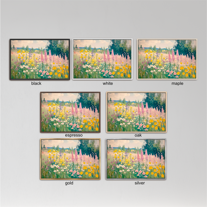 six different framed pictures of a field of flowers, each with a different color frame. The frames are labeled with the color of the frame, such as black, white, maple, espresso, oak, gold, and silver.