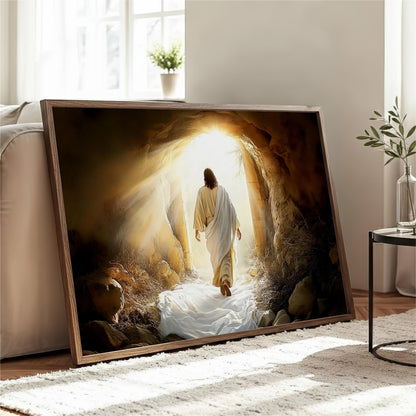 A framed print depicting a person in a white robe walking through a tunnel with sunlight shining through, creating a sense of hope and guidance.