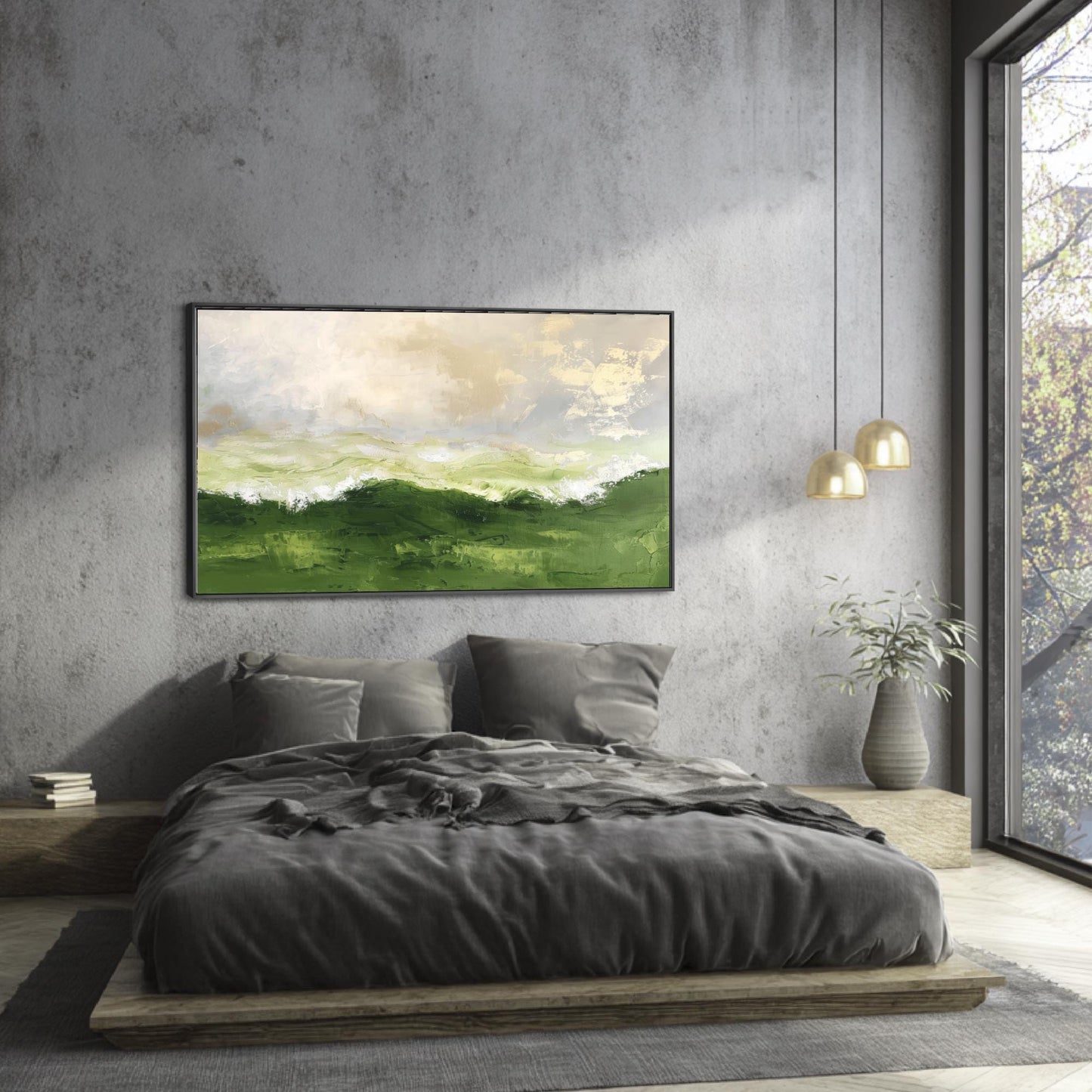 a serene bedroom scene with a large bed, a painting of a green landscape hanging on the wall, and a window overlooking trees.