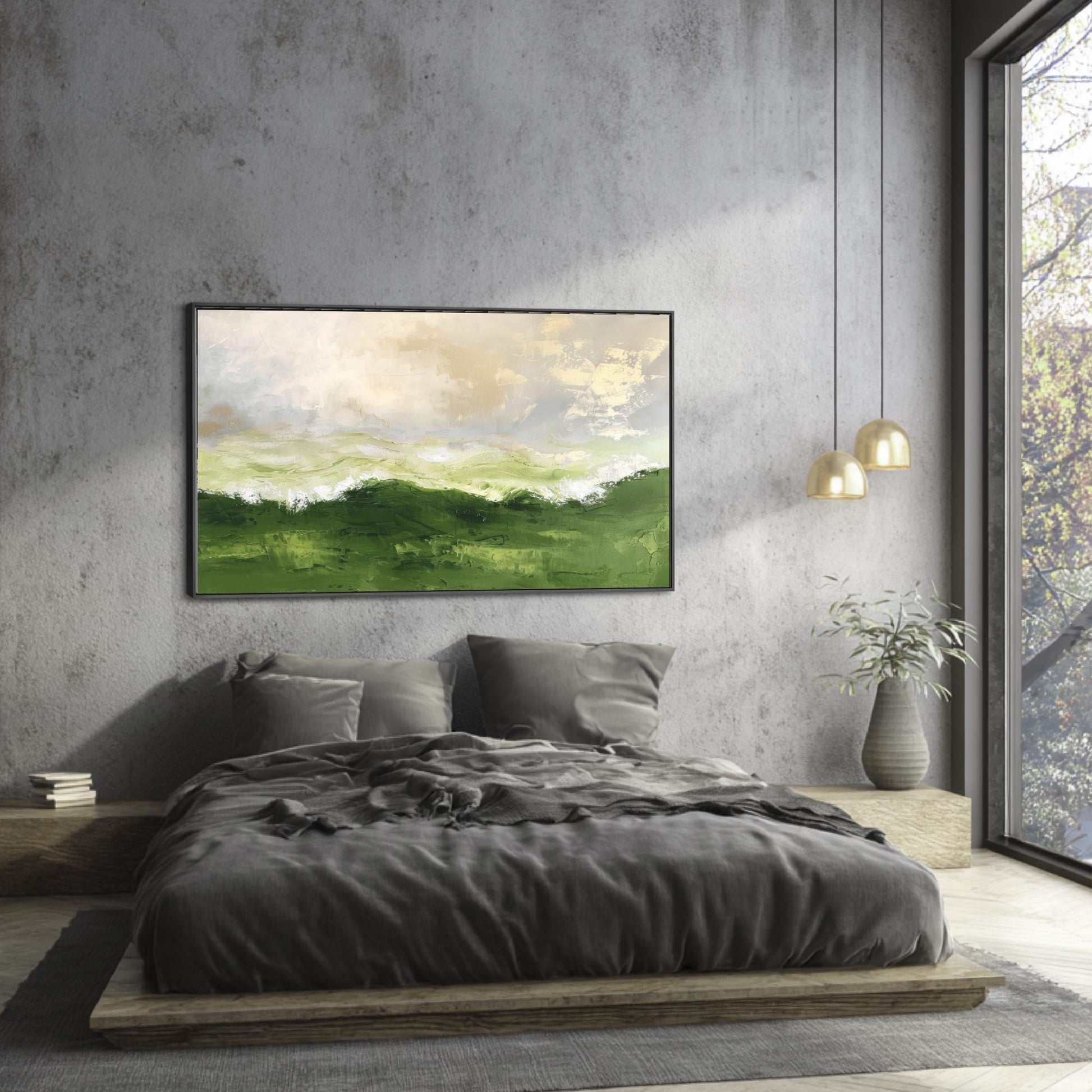 a serene bedroom scene with a large bed, a painting of a green landscape hanging on the wall, and a window overlooking trees.