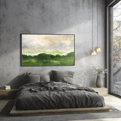a serene bedroom scene with a large bed, a painting of a green landscape hanging on the wall, and a window overlooking trees.