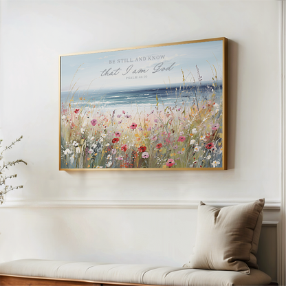 a large framed painting of a field of flowers hanging on a wall.