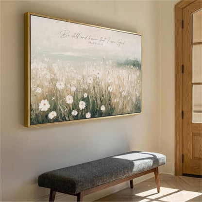 a large framed painting of a field of white flowers hanging on a wall, with a wooden bench placed in front of it.