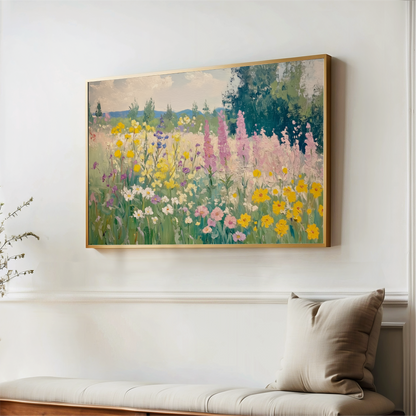 a large, colorful painting of a field of flowers hanging on a wall.
