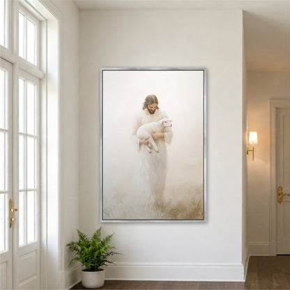 a person in a white robe holding a lamb, with a potted plant in the foreground and a hallway visible in the background.