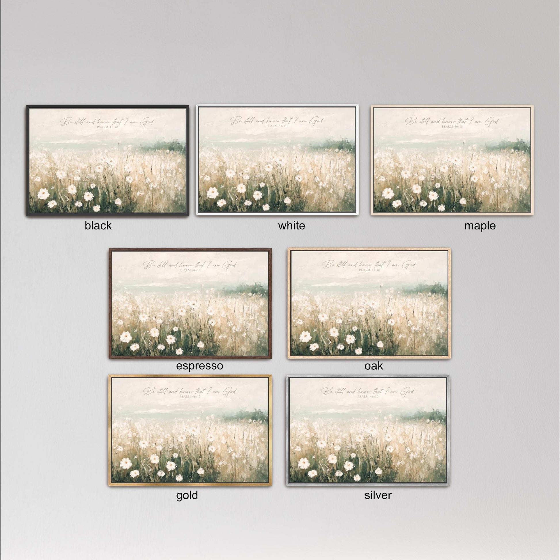 six different framed pictures of a field with flowers, each with a different color frame. The frames are black, white, maple, espresso, oak, and gold.