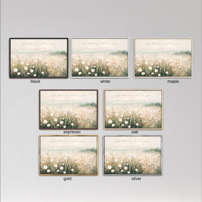 six different framed pictures of a field with flowers, each with a different color frame. The frames are black, white, maple, espresso, oak, and gold.