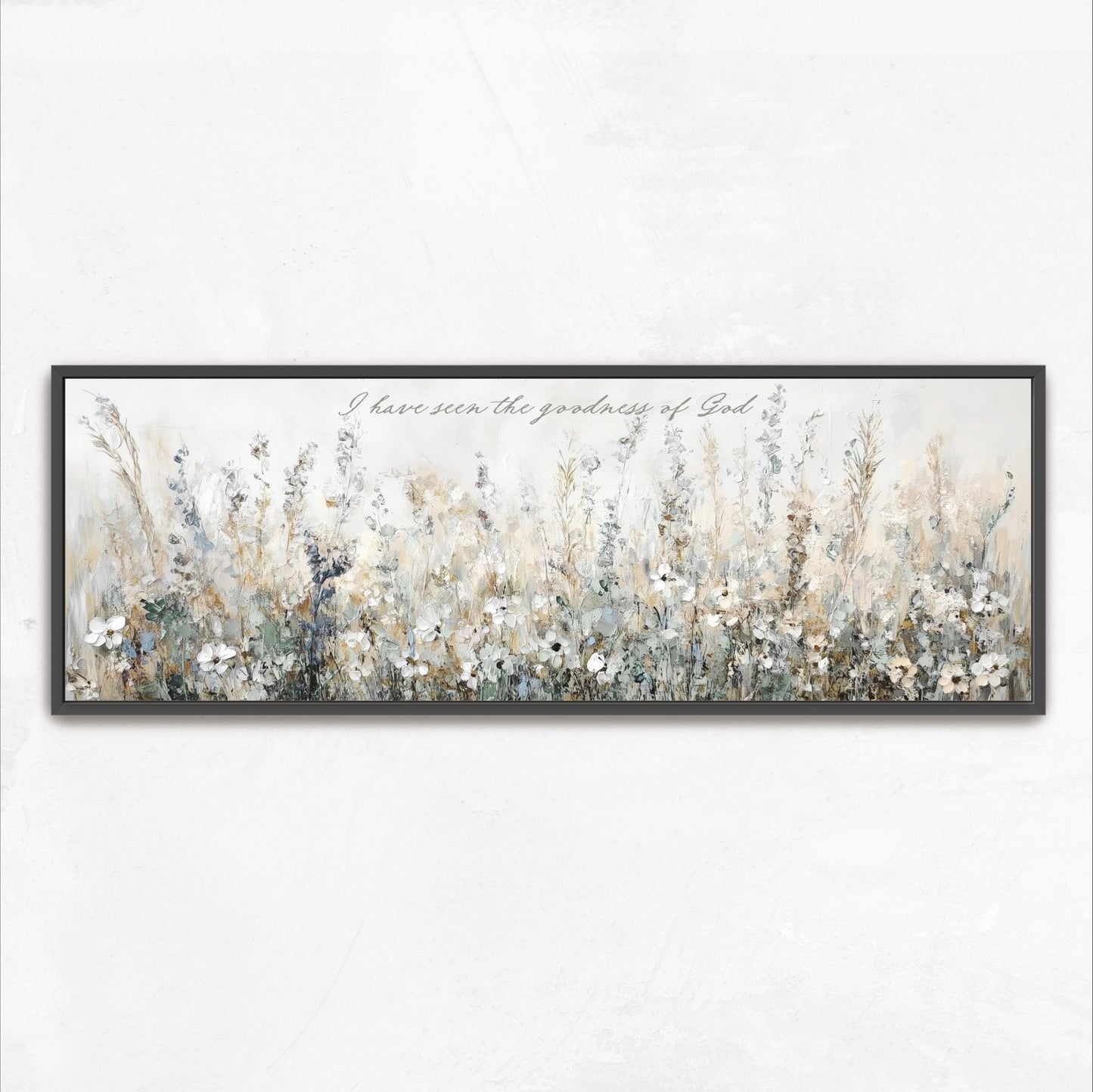 The image is a framed painting depicting a field of tall grass and wildflowers.