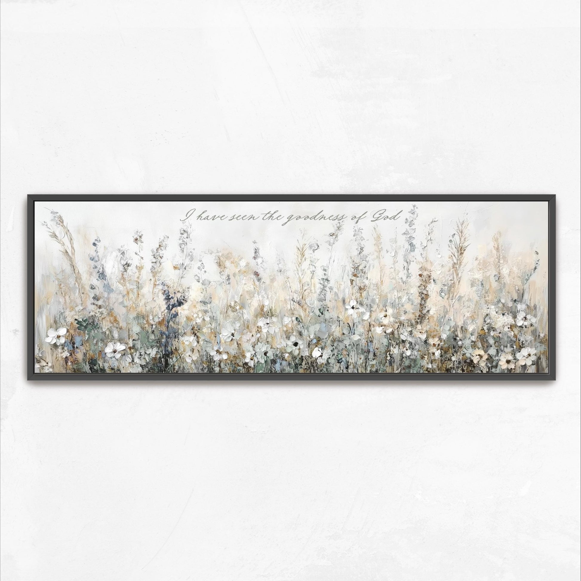 The image is a framed painting depicting a field of tall grass and wildflowers.