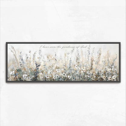 The image is a framed painting depicting a field of tall grass and wildflowers.