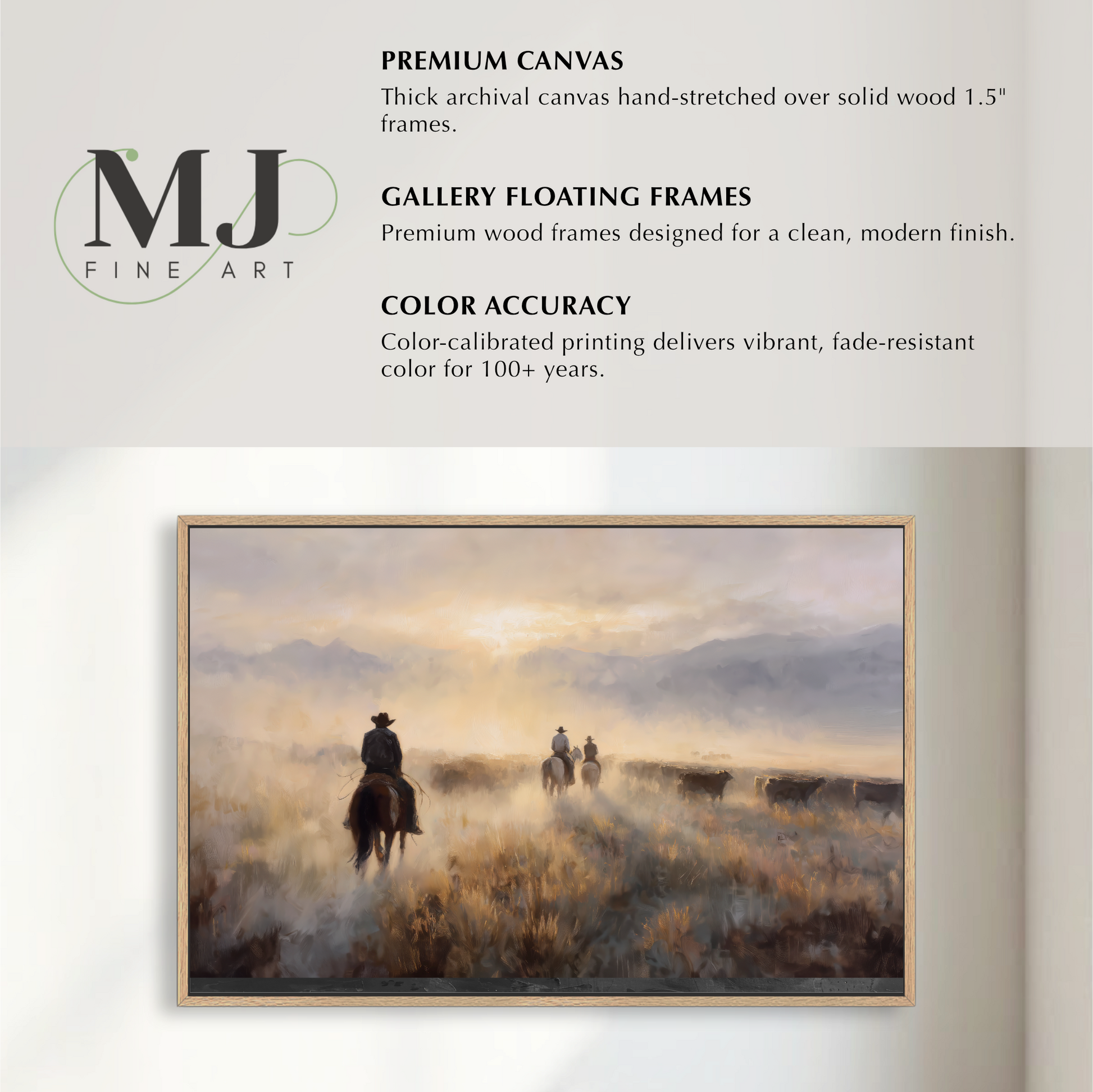 The image is a painting of a cowboy on horseback in a field, with a cloudy sky in the background.