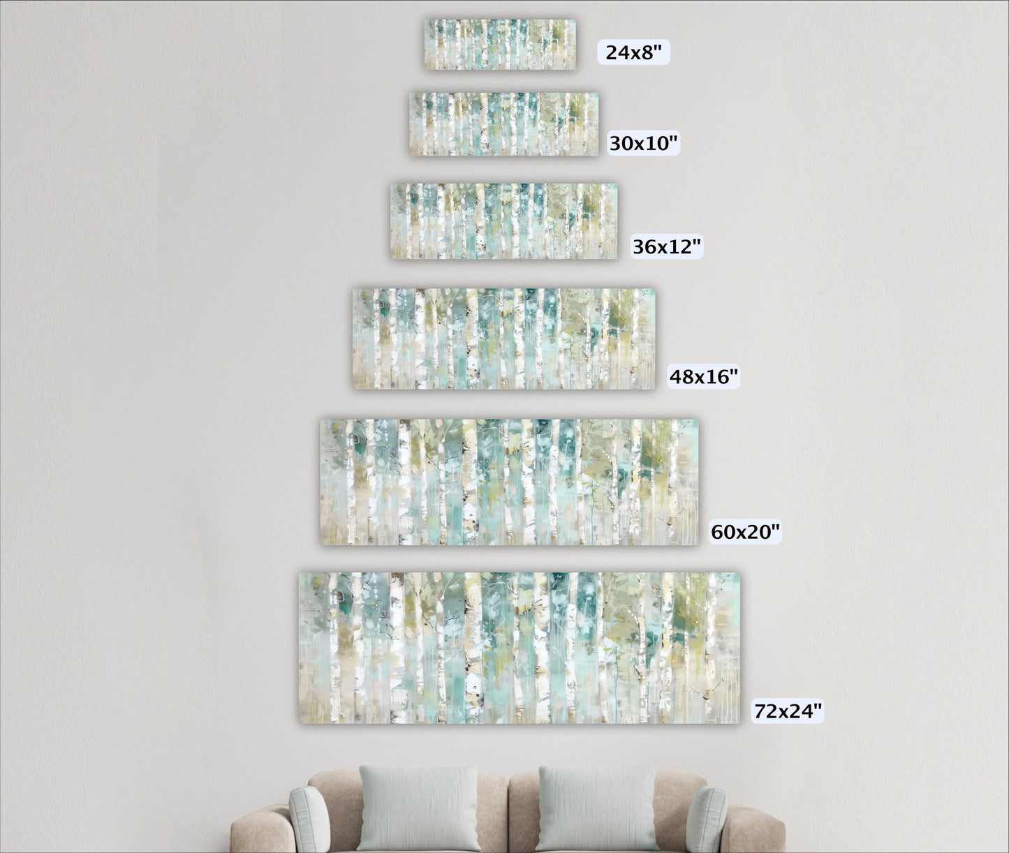 A wall with a series of paintings of a tree-like pattern in various sizes, ranging from 24 inches to 72 inches.