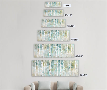 A wall with a series of paintings of a tree-like pattern in various sizes, ranging from 24 inches to 72 inches.