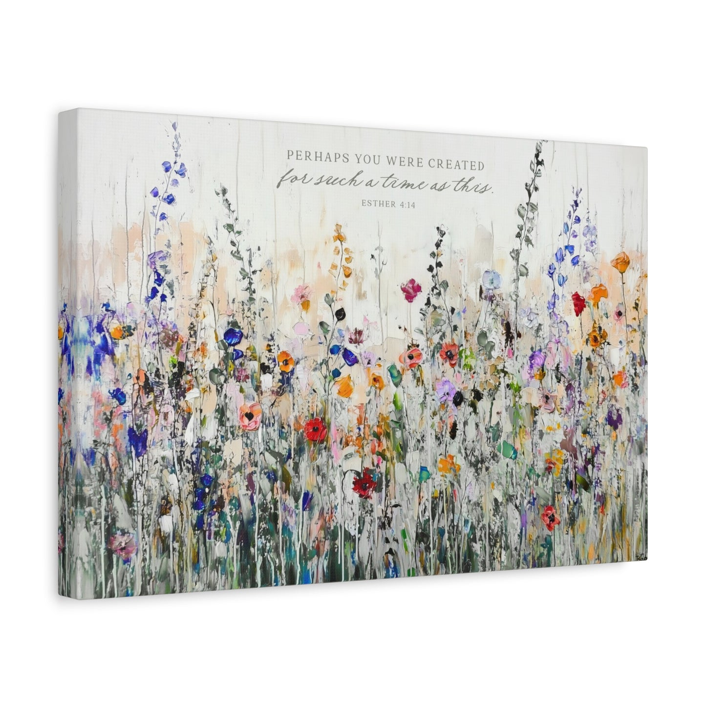 The image is a vibrant and colorful painting depicting a field of flowers, with various shades of green, yellow, orange, and purple. The painting is titled "PERSE YOU WERE CREATED FORSuch AS TIME AS THIS" and is part of a larger collection of artworks.