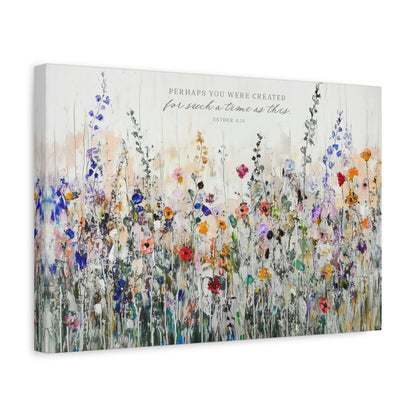 The image is a vibrant and colorful painting depicting a field of flowers, with various shades of green, yellow, orange, and purple. The painting is titled "PERSE YOU WERE CREATED FORSuch AS TIME AS THIS" and is part of a larger collection of artworks.