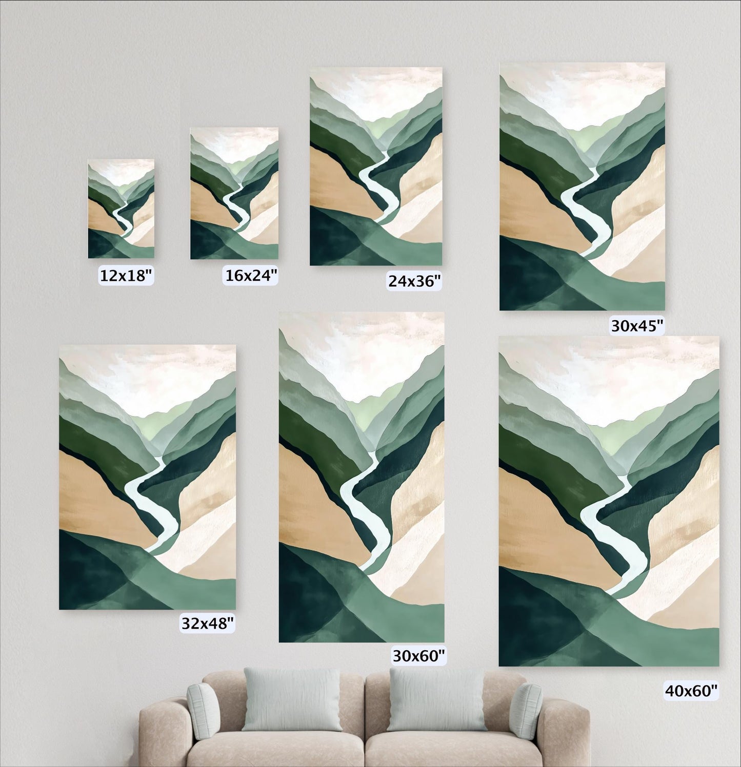 a collection of landscape paintings or posters, each varying in size and depicting different mountain scenes. The paintings are arranged on a wall, and there is a couch in the foreground.