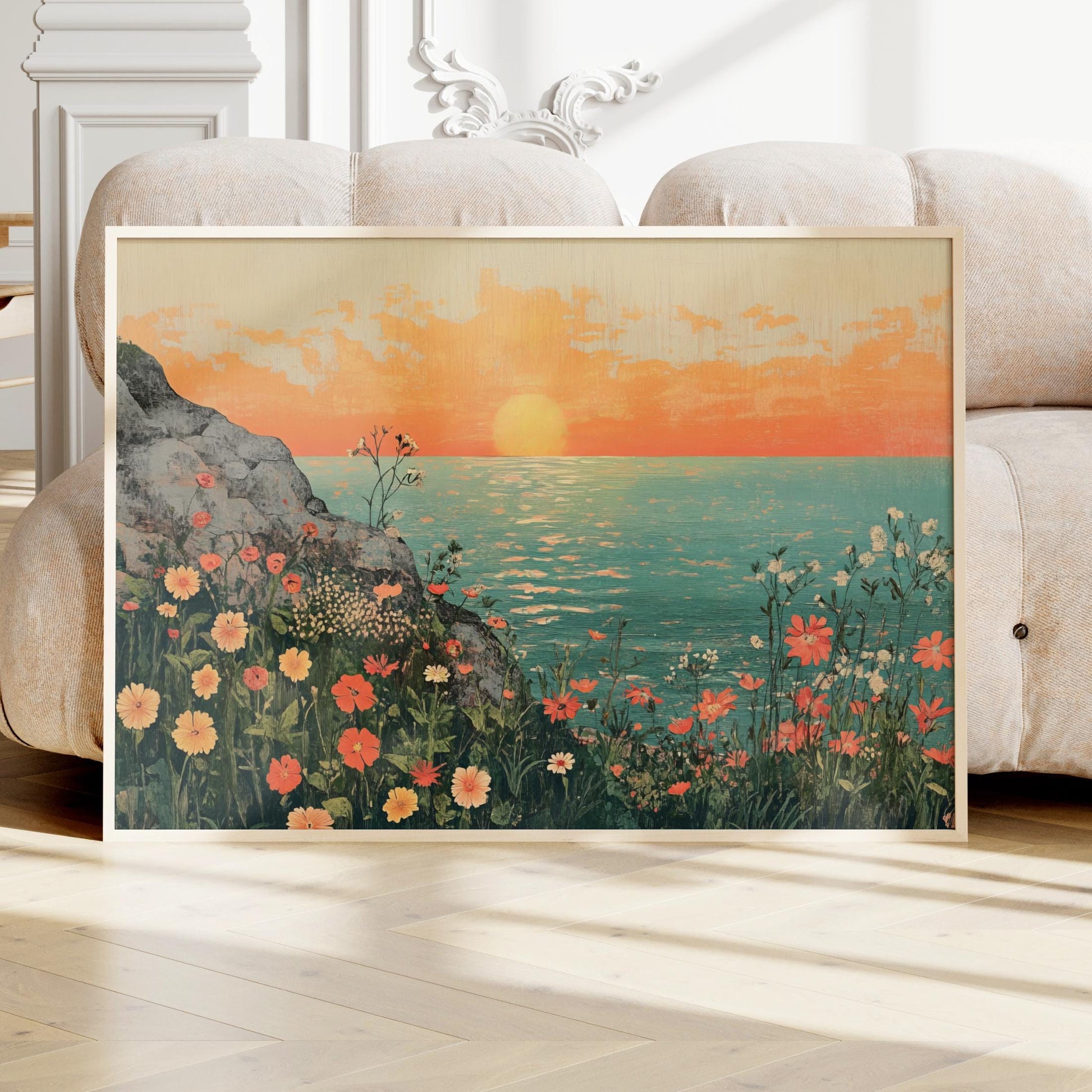 a painting of a sunset over a body of water