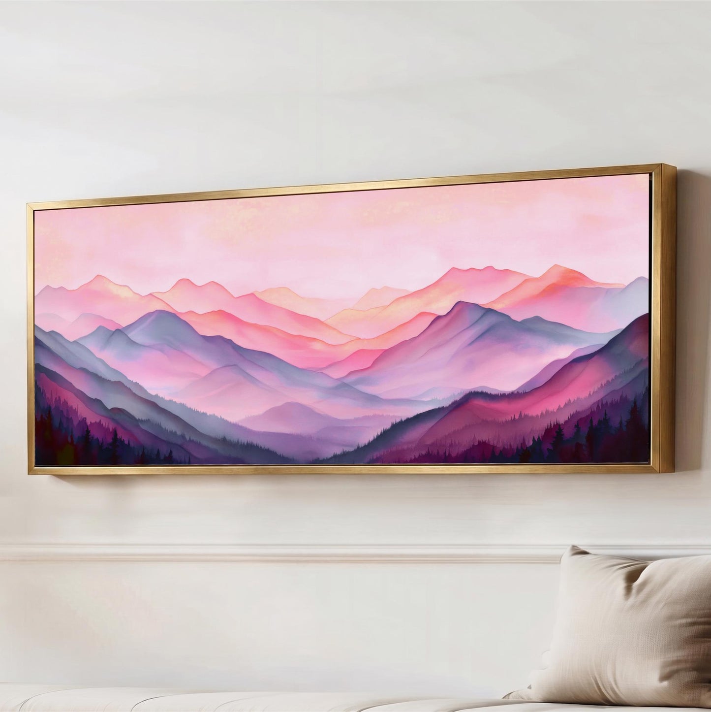 a large, framed painting of a mountainous landscape with a pink and purple color scheme.