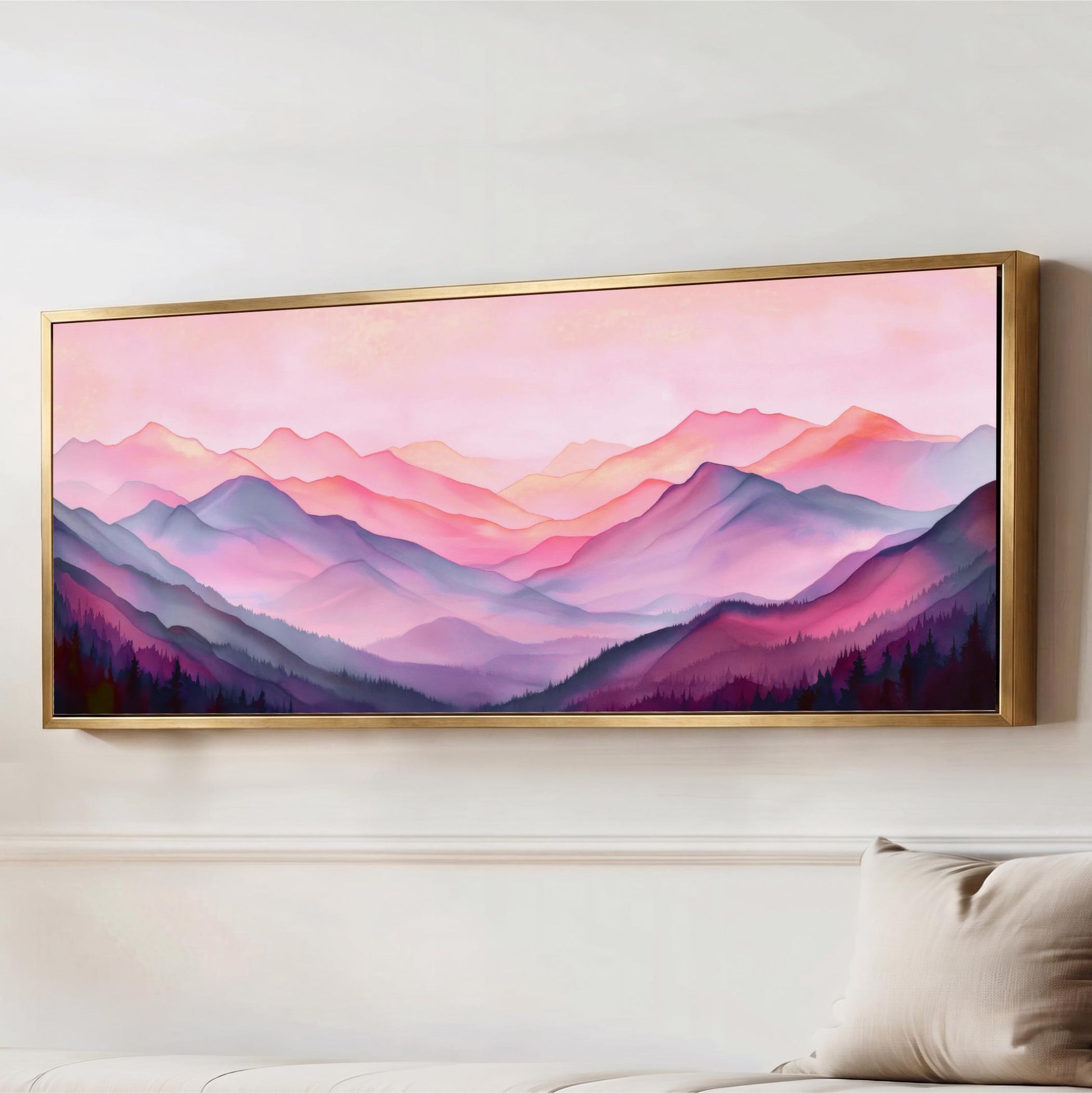 a large, framed painting of a mountainous landscape with a pink and purple color scheme.