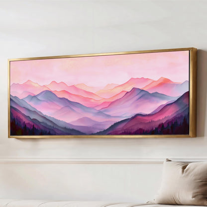 a large, framed painting of a mountainous landscape with a pink and purple color scheme.