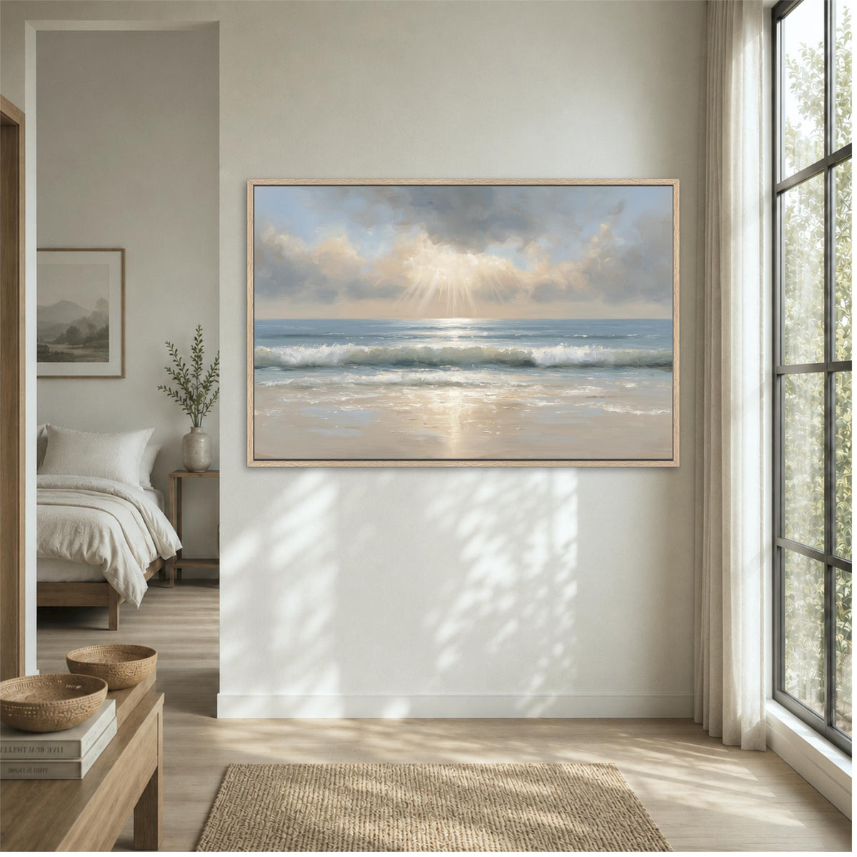 a serene bedroom scene with a large painting of a beach landscape hanging on the wall. The painting depicts a tranquil beach scene with a clear sky, ocean waves, and a warm, golden glow from the sun. The room has a minimalist and modern design, with a large window providing natural light and a view of the beach.