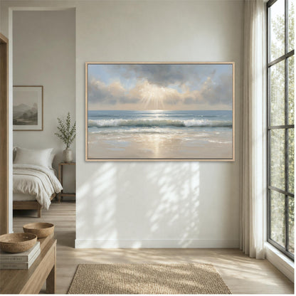 a serene bedroom scene with a large painting of a beach landscape hanging on the wall. The painting depicts a tranquil beach scene with a clear sky, ocean waves, and a warm, golden glow from the sun. The room has a minimalist and modern design, with a large window providing natural light and a view of the beach.