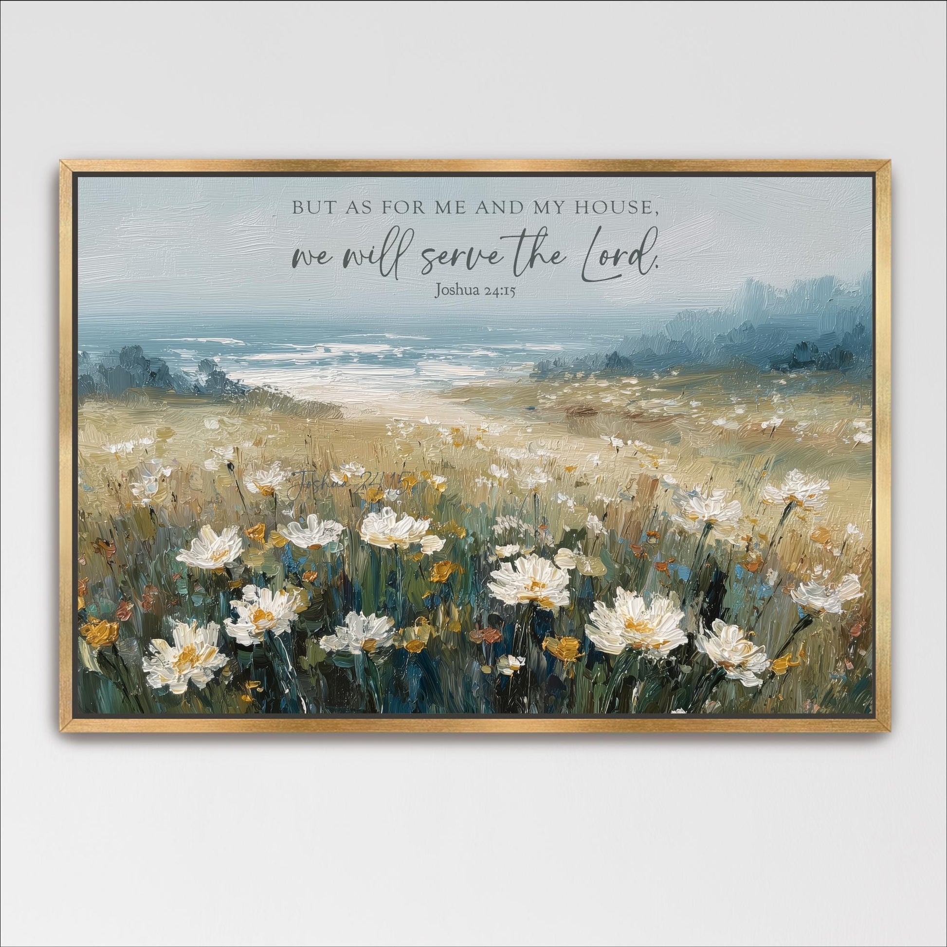 The image is a framed painting depicting a field of white flowers against a backdrop of a blue sky and a body of water.
