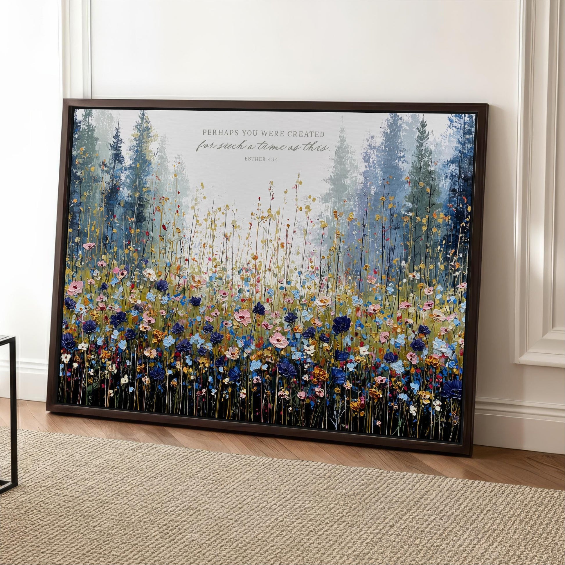 The image is a framed painting depicting a vibrant field of flowers, with a forest in the background.