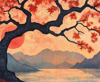 a painting of a tree with mountains in the background