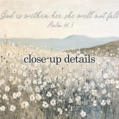 a serene landscape with a field of white flowers in the foreground, set against a backdrop of mountains and a hazy sky. The text overlay reads "God is within her, she will not fall" and " Psalm 46:5".
